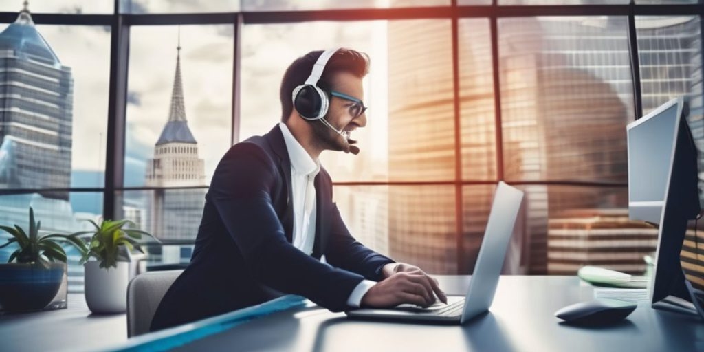 man in suit with headphones talking to someone