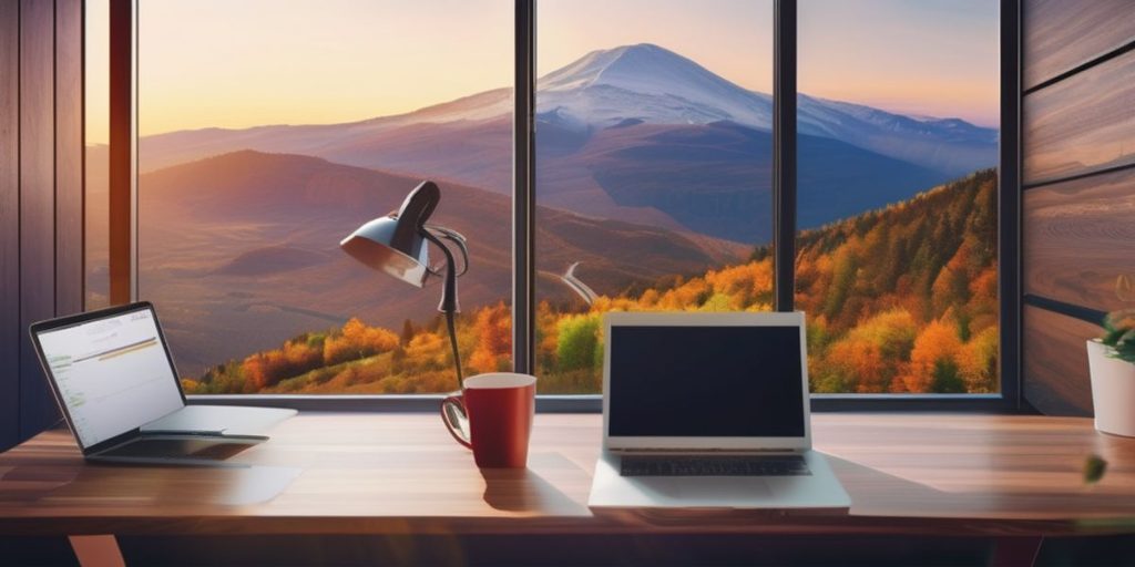 mug and laptop on a table with view of the mountains outside