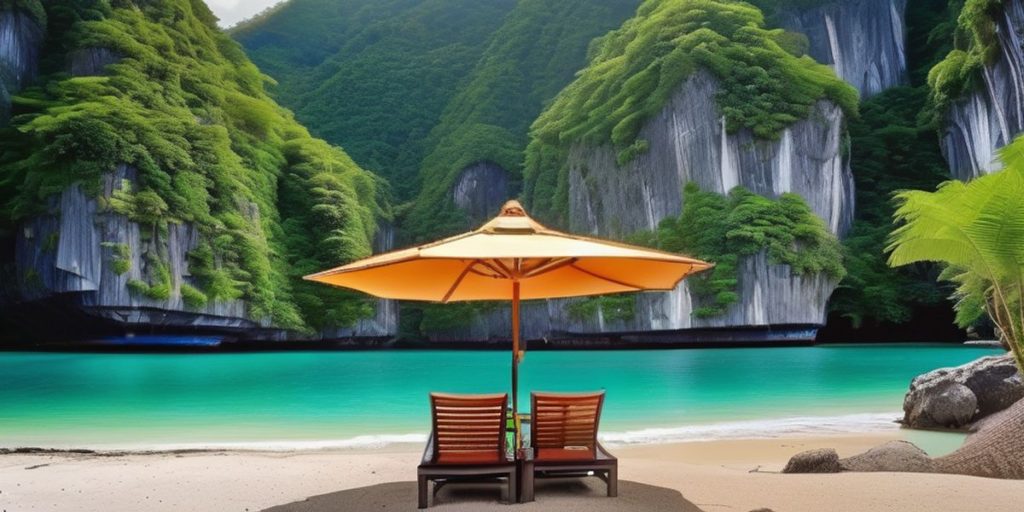 Two chairs and an umbrella on a beach