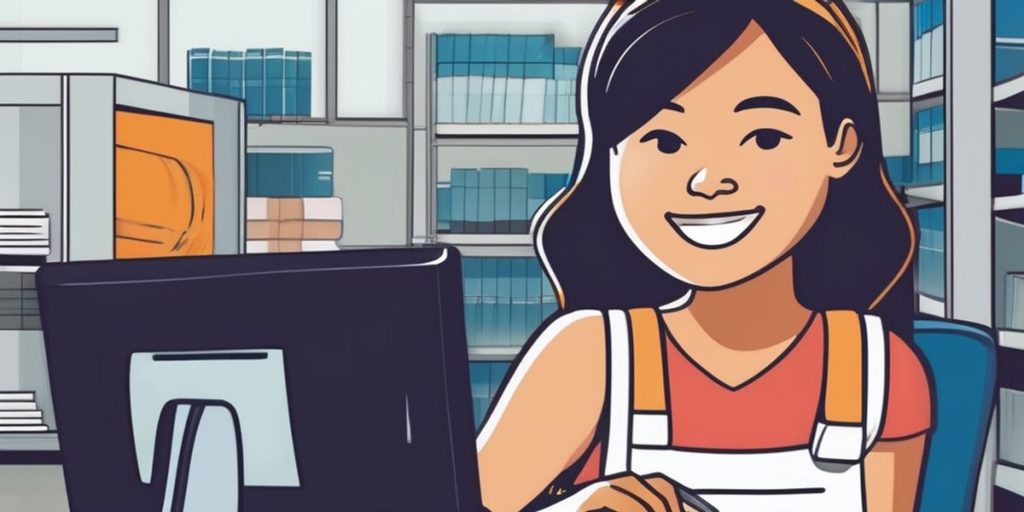 Cartoon lady looking at computer