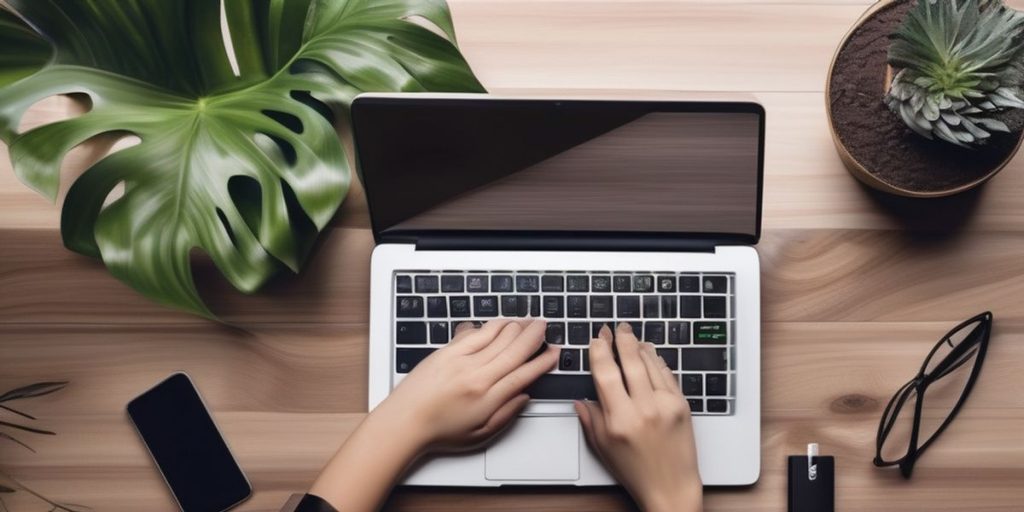 Birdseye view of someone typing at a laptop