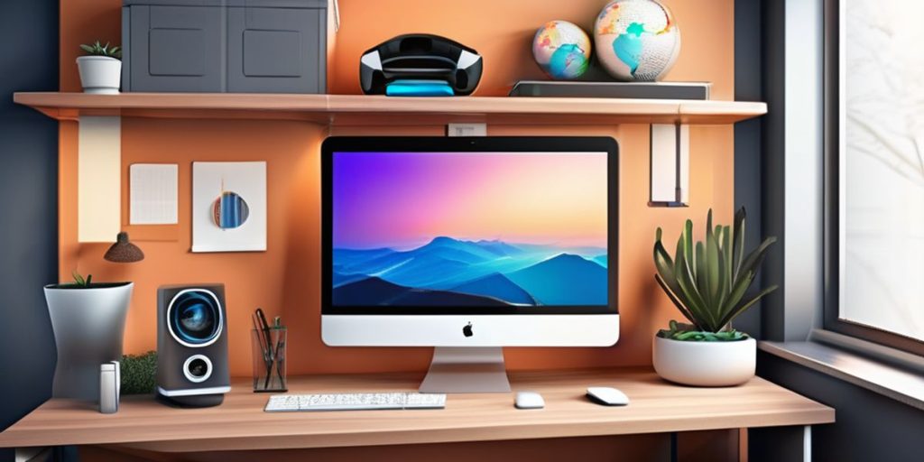 A desk with a desktop computer that has a rainbow screensaver