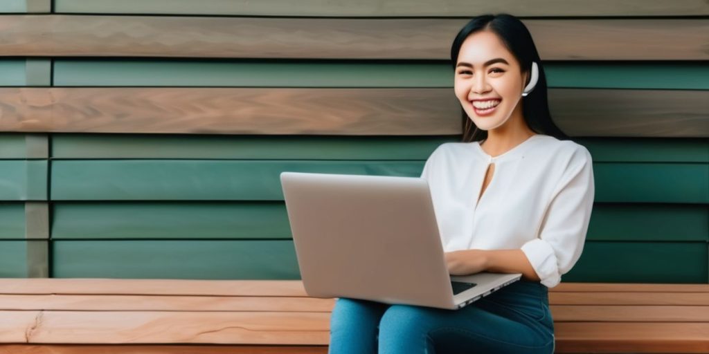 woman smiling with a laptop on her lap