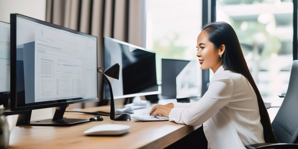 a side view of a woman in white long sleeves typing