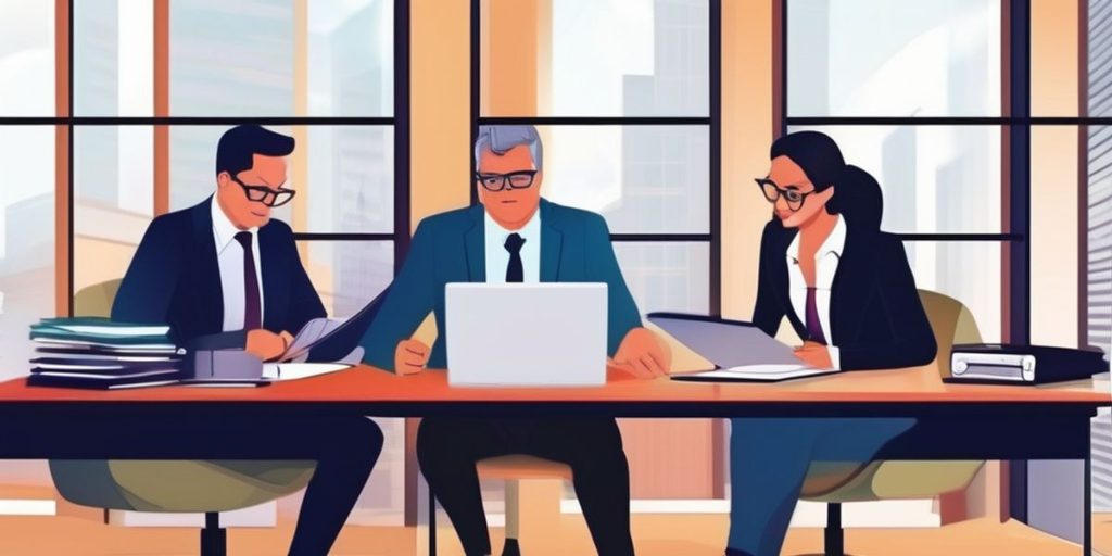 caricature of three employees collaborating with the person in the middle working on his laptop