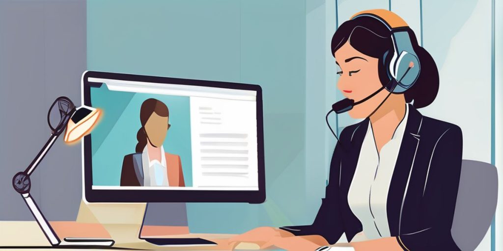 a woman wearing a headset in a remote meeting with another woman