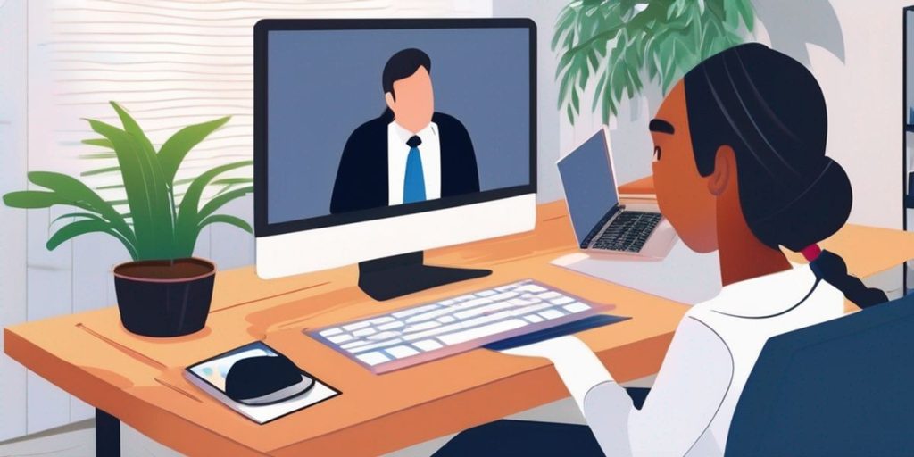 a woman in white long sleeves in a virtual meeting with a man in suit