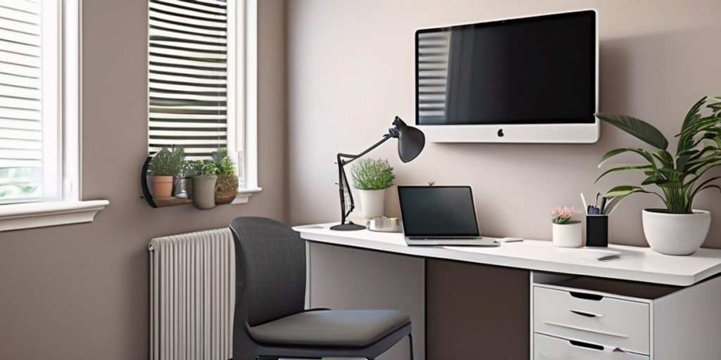 a room with TV, chair, and a desk with laptop, lamp, and flower pot