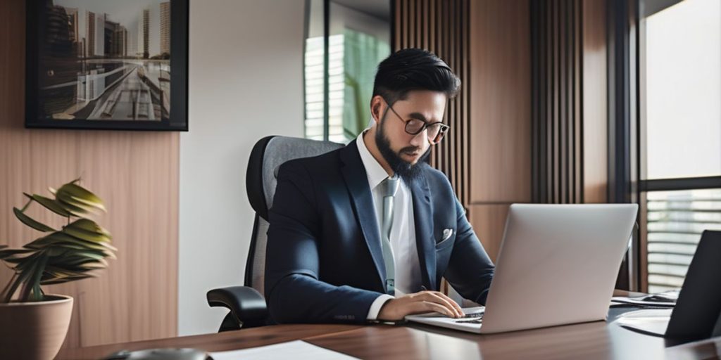 a man in suit seriously working on his laptop