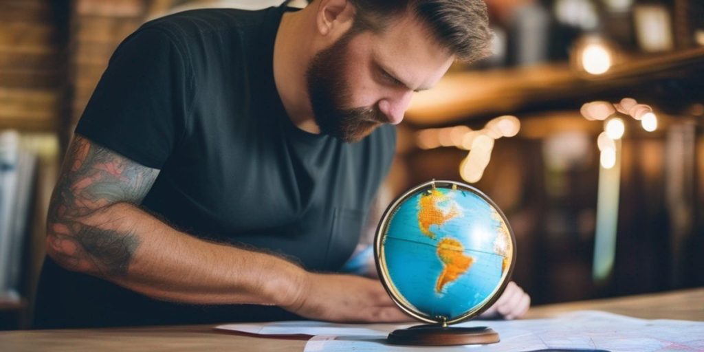 A man writing and a small globe