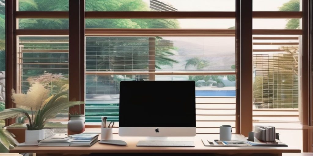 a desk with a computer and office items behind a window