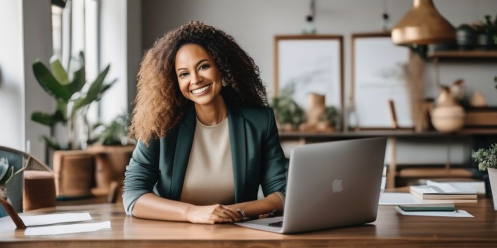 A smiling woman with a laptop