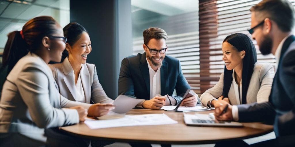 five people having a meeting