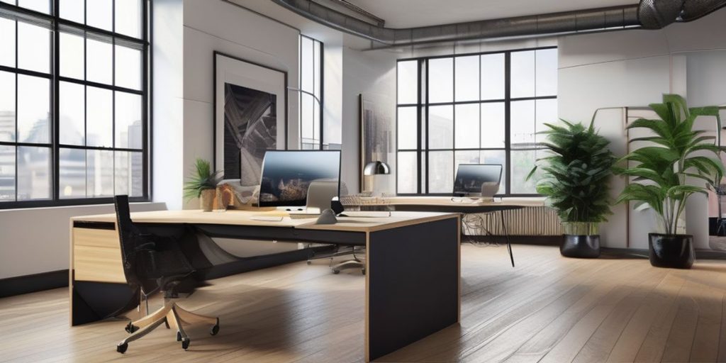 a big office with two desks against a big window