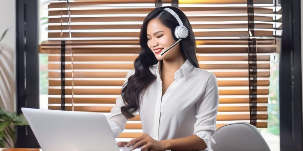 a curly haired woman in white blouse talking on her headset