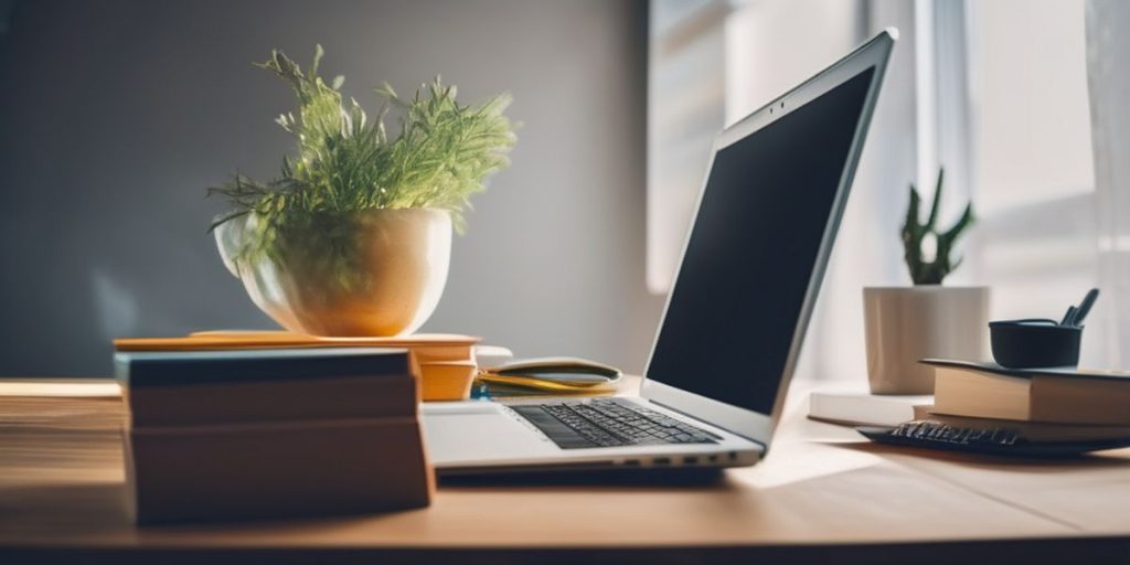 a laptop on a table with a flower pot on the side