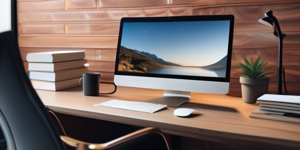 a computer on a table with an image of nature on the screen