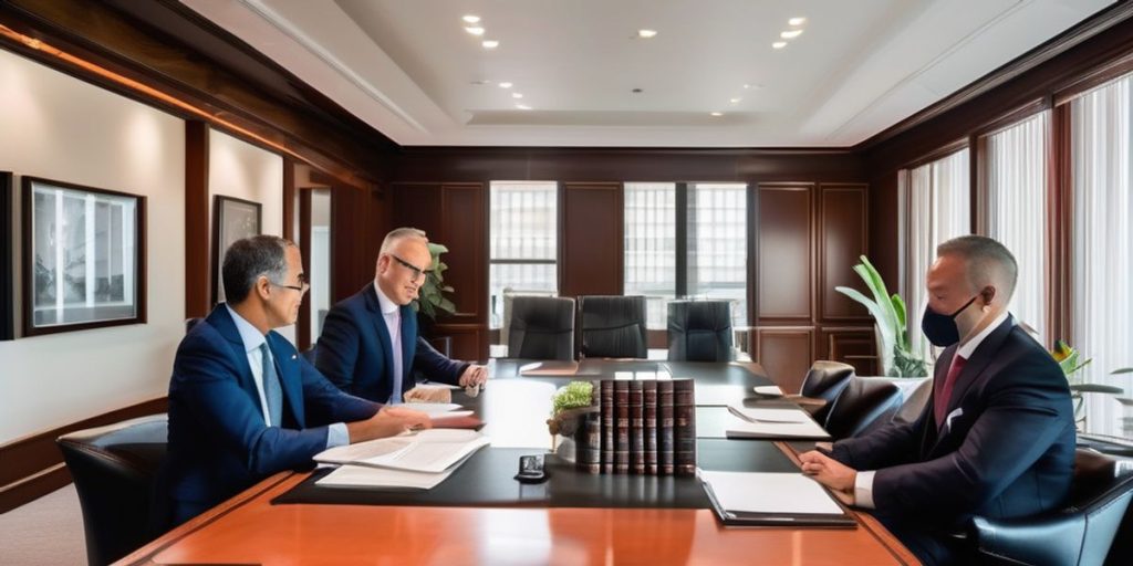 three men having a meeting