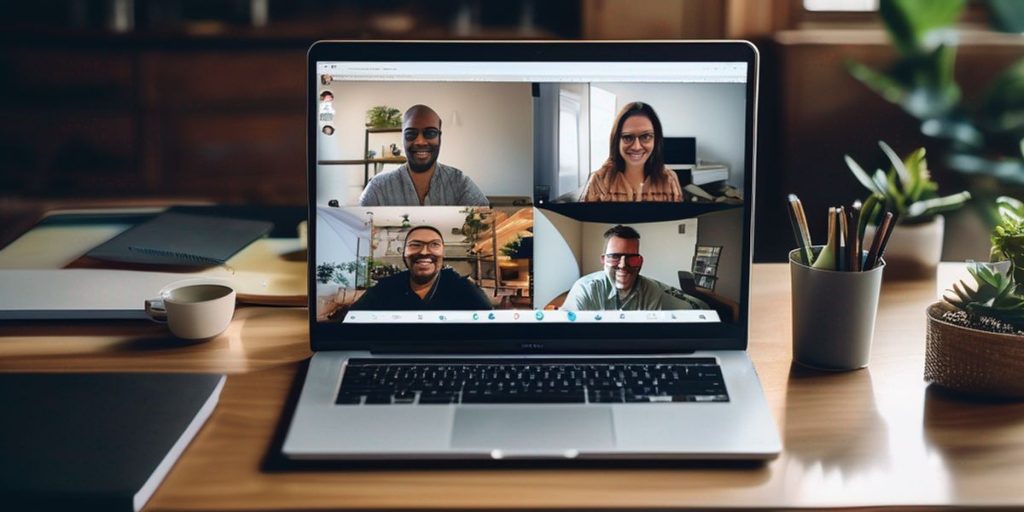 laptop on the screen showing four people in a virtual meeting