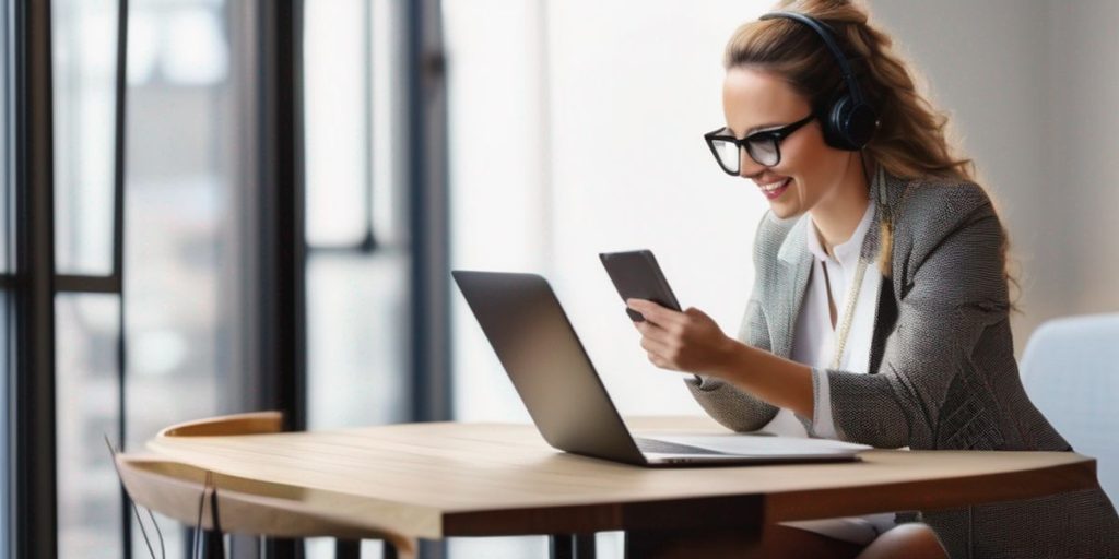 a woman in front of her laptop using her phone