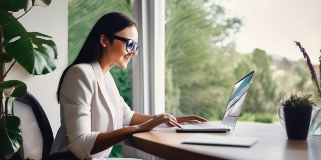 a sideview of a smiling woman in white blazer working on her laptop