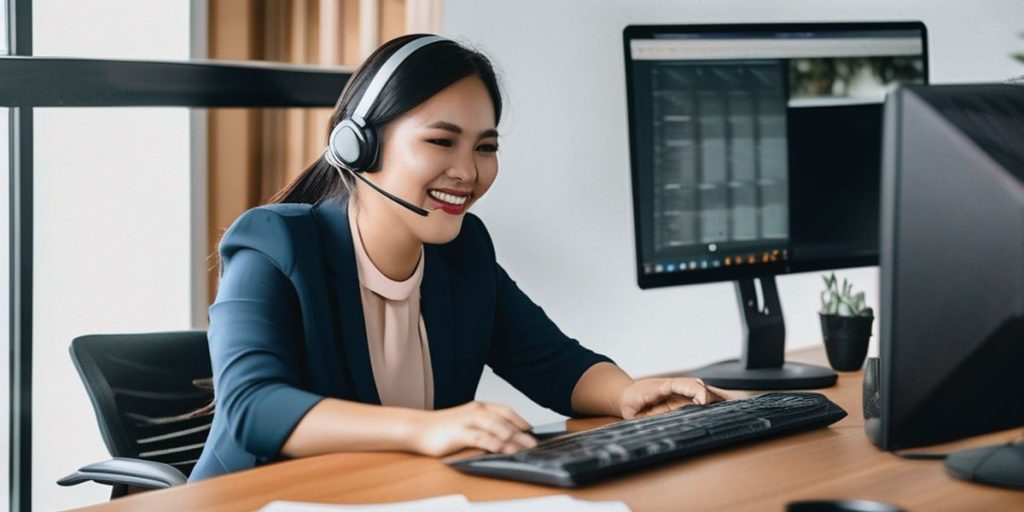 A woman wearing a headset