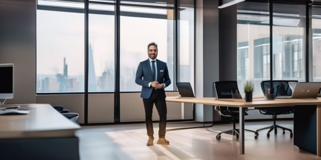 man in suit standing in a middle of a room