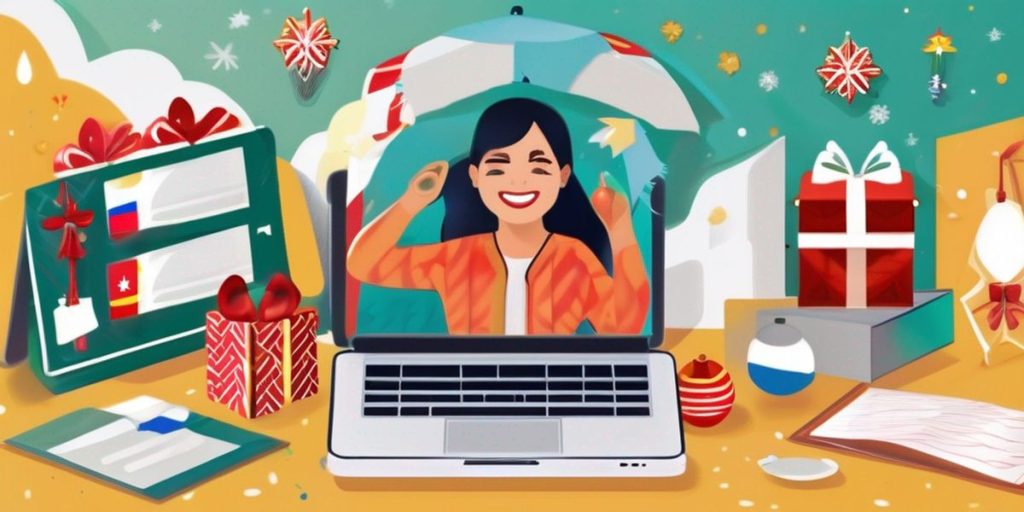 happy woman sitting behind a desk with laptop and gifts on her table