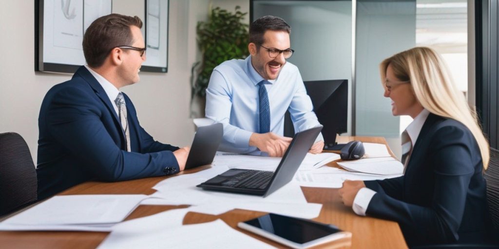 Three people having a meeting