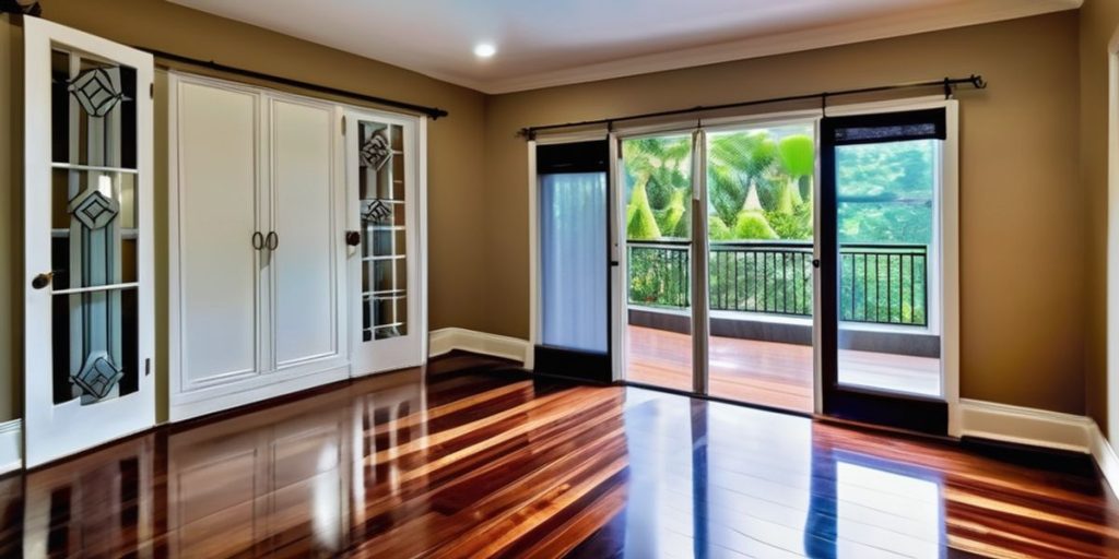 an empty room with brown floor