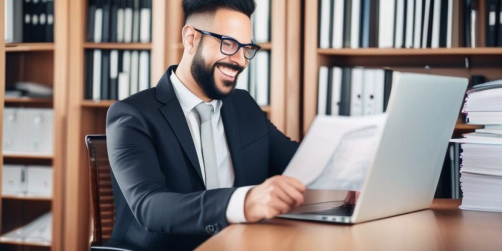 image of a happy man while looking at his laptop