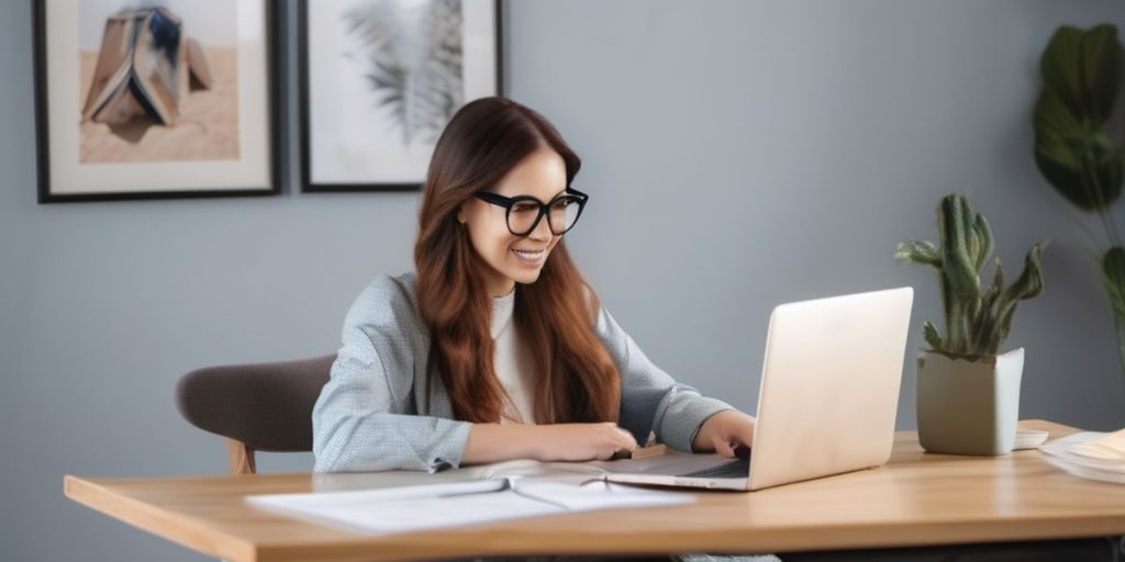 a long haired woman with eyeglasses working on her laptop