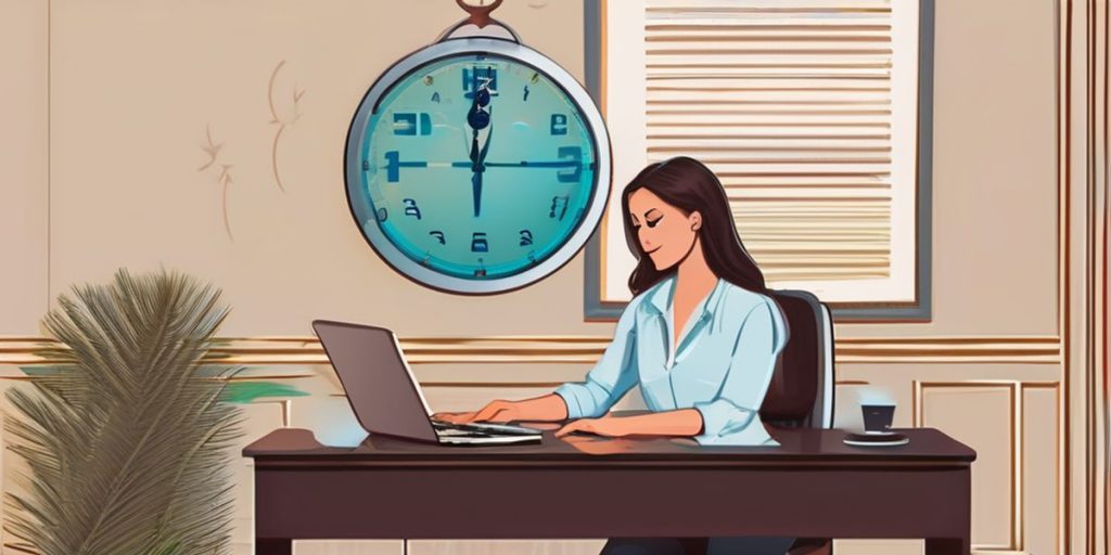 caricature of a woman working in a room with a huge clock and with laptop in her table