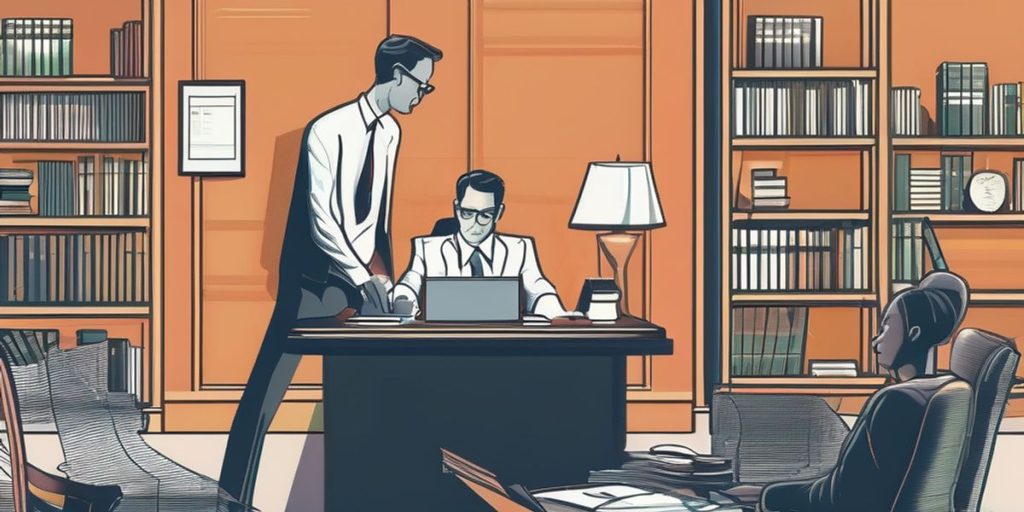 two cartoonish men in a library