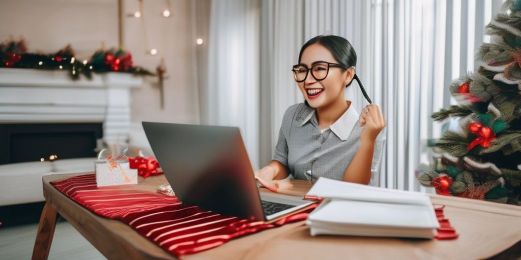 smiling woman with eyeglasses holding her hair while working on her laptop