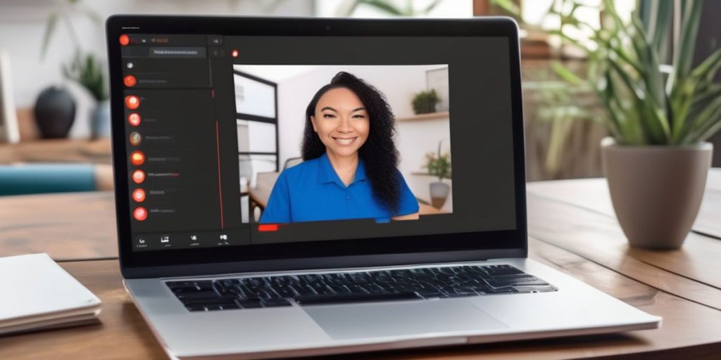 laptop with an image of a lady on the screen wearing blue blouse