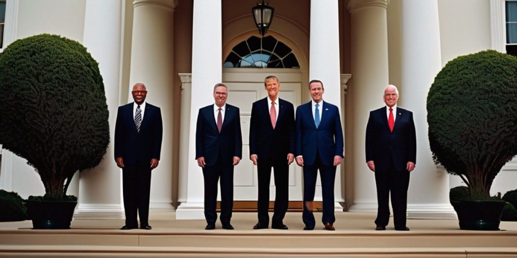 five male employees standing on front of a building