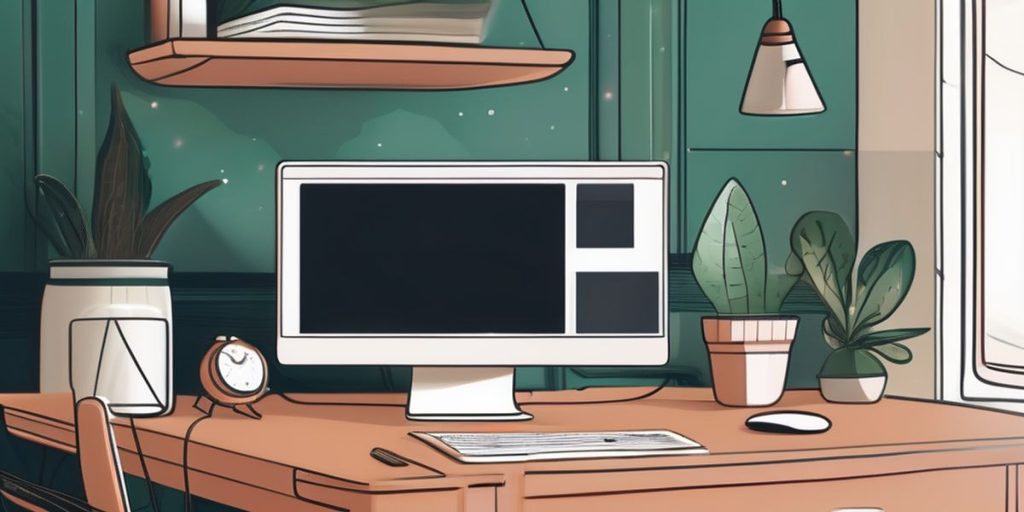 a caricature of a table with computer, a small clock, flower pots and a lamp