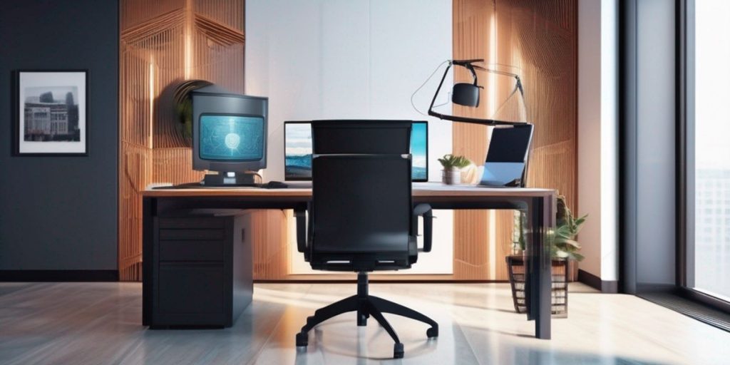 an office setup complete with chair and office equipment