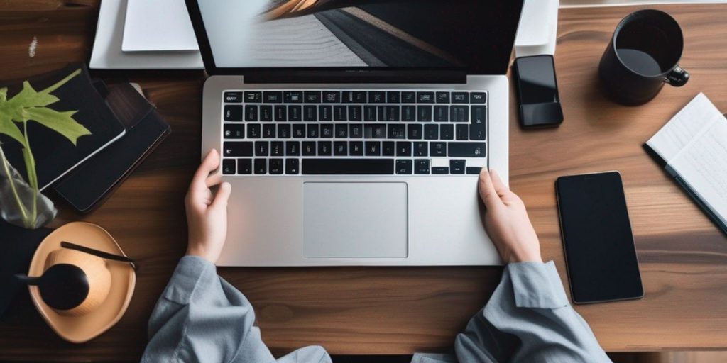 top view of two hands holding a laptop