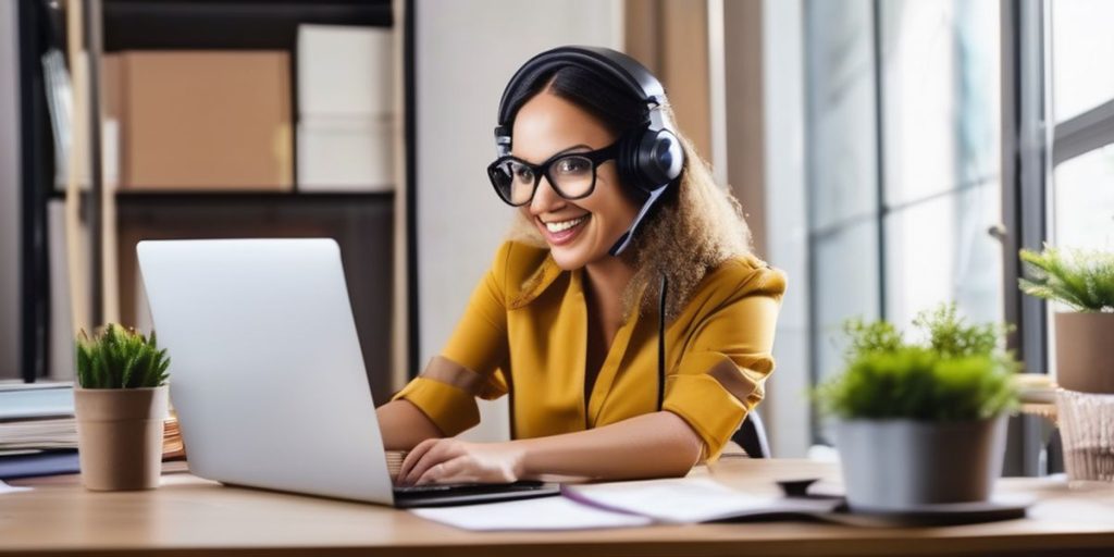 A woman smiling at her laptop