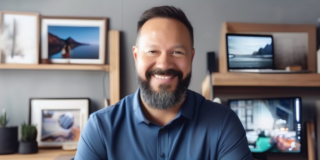 a man with mustache in blue polo shirt smiling