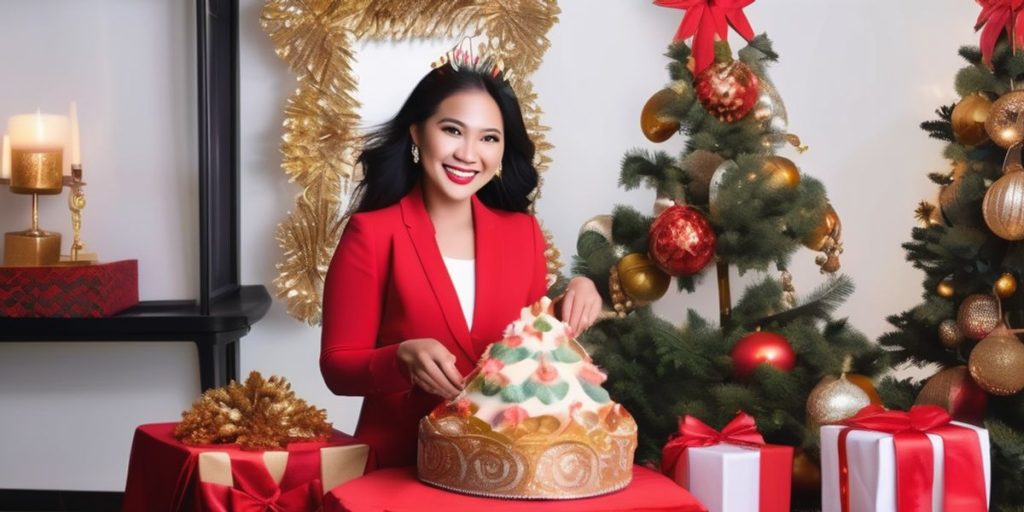 woman in red blazer holding a gift on a table