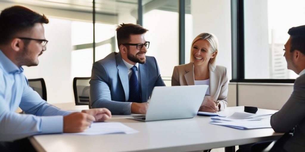 four people having a meeting