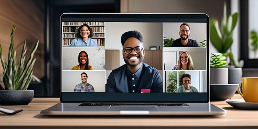 seven people ina virtual meeting with the guy in blue polo pinned on the screen