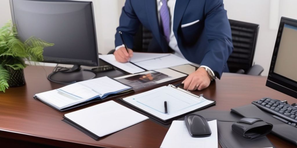 a man in suit seated in his desk with paper and pen on the table