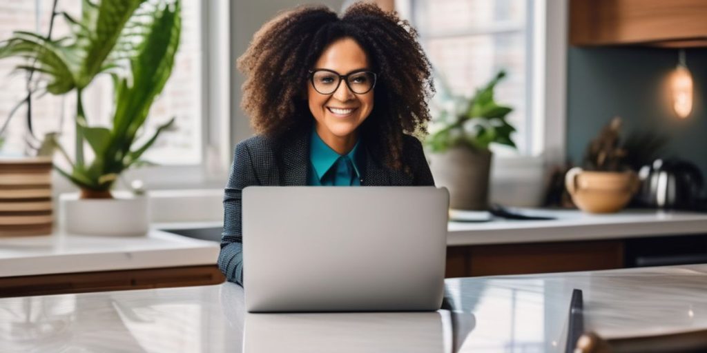 a curly haired woman smiling while in front of her laptop