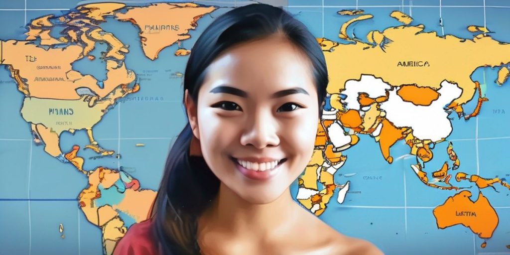 an Asian woman smiling with the wold map as her background