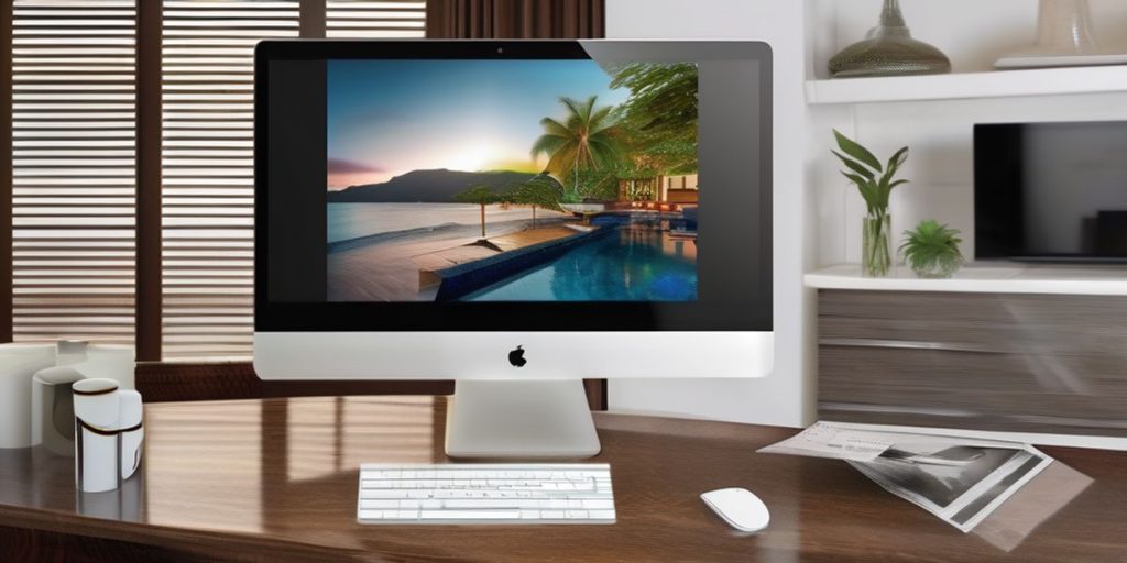 computer on a table with white mouse and keyboard