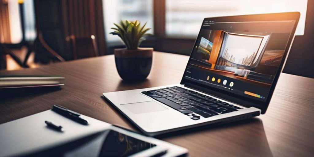 a table with a laptop, tablet and a flower pot